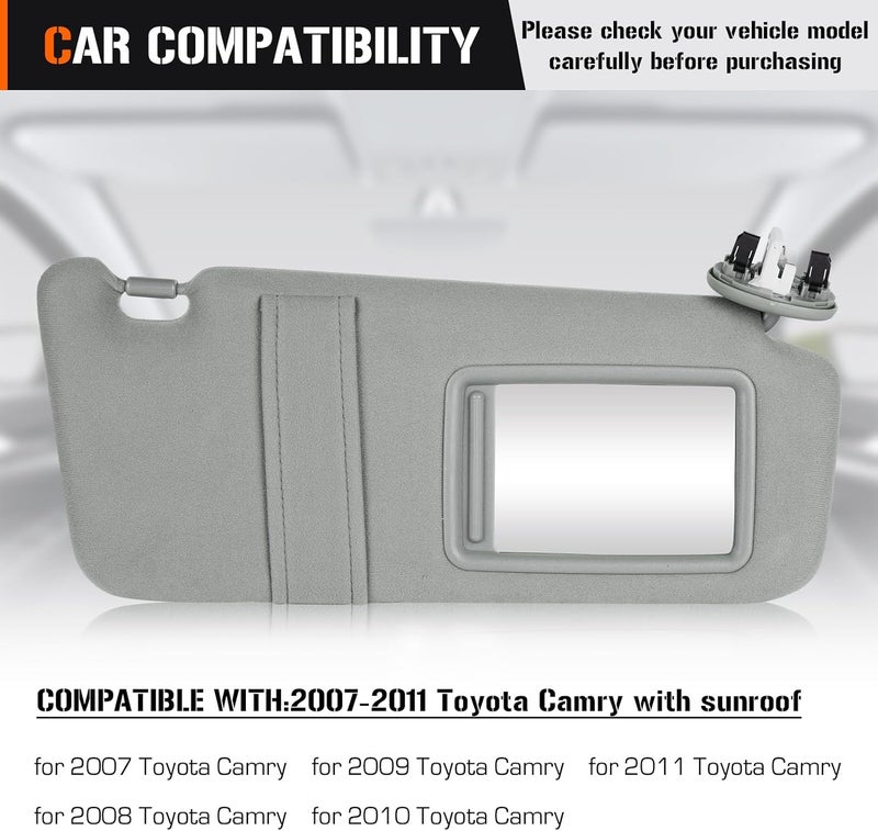 AEagle Sun Visor with Light for Toyota Camry 2007-2011 with Sunroof, Right Passenger Side Gray Sunvisor Replace 74320-06800-B0 - Image 3
